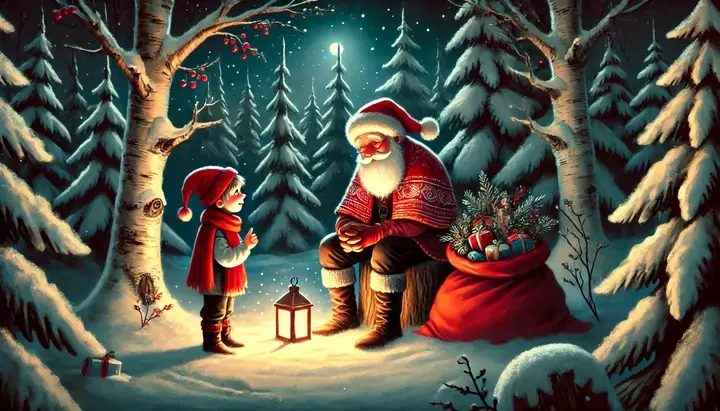 Santa resting exhausted on a stump deep in the forest