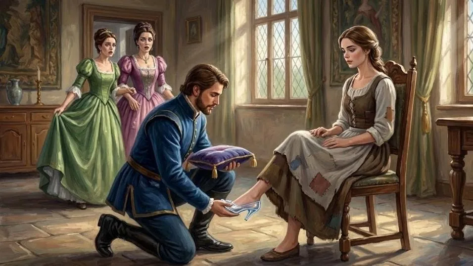 The glass slipper is tried on at Cinderella's home