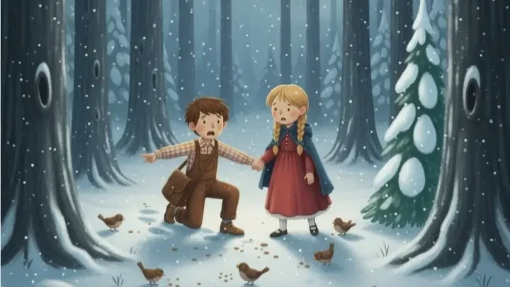 The birds eat the breadcrumbs in the forest
