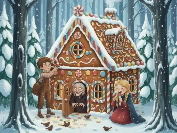 The children eat from the house and the witch appears