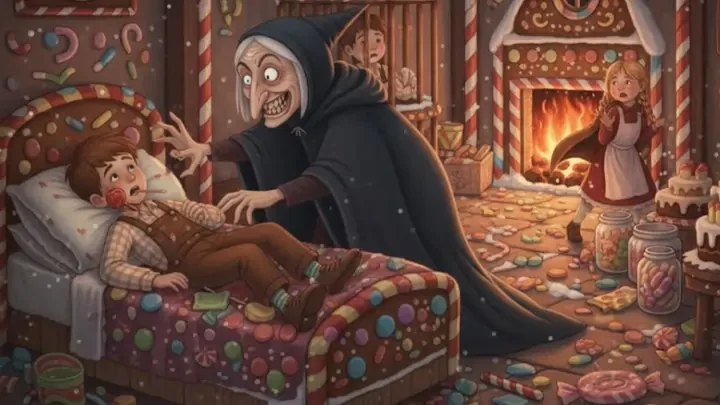 The witch wakes Hansel and captures him