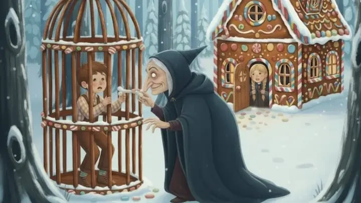 The witch traps Hansel in the cage