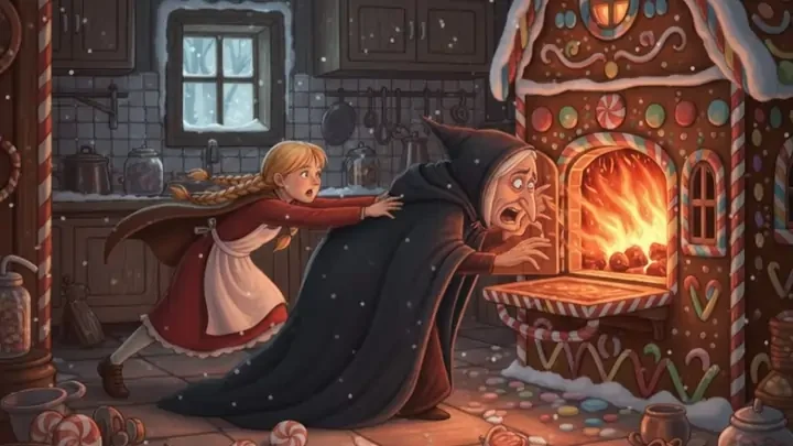 Gretel tricks the witch into the oven