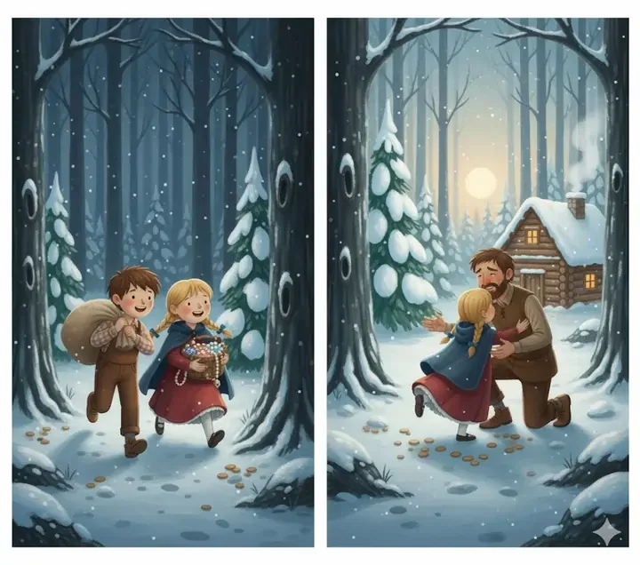 Hansel and Gretel return home with gold and jewels