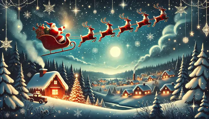Santa in his sleigh, flying off into the night