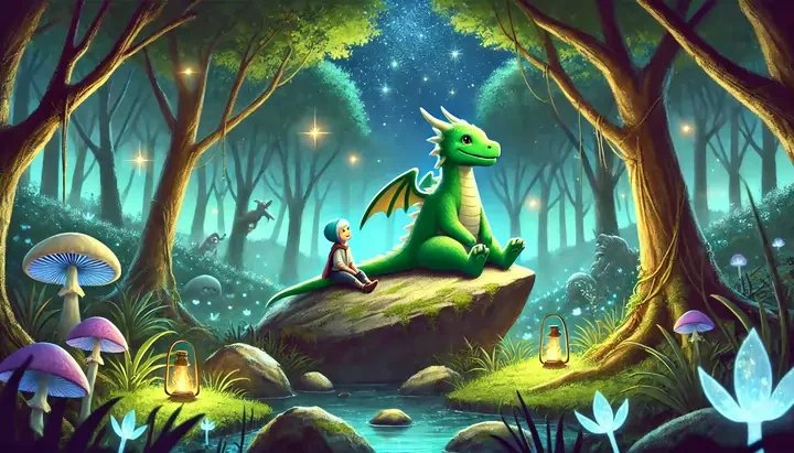 Draco the dragon meets Elina, a little girl from the village