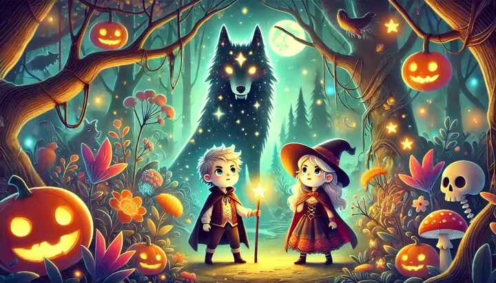 A wolf made of stars guards the enchanted forest