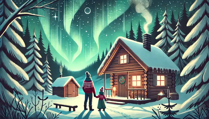 The northern lights dance over the cabin as the family watches from the snow