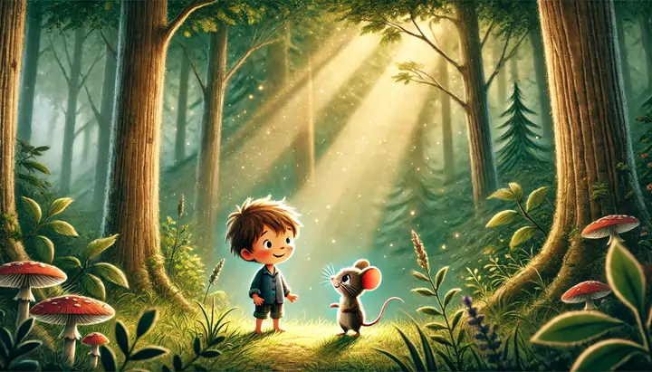 A boy meets a little mouse in the forest