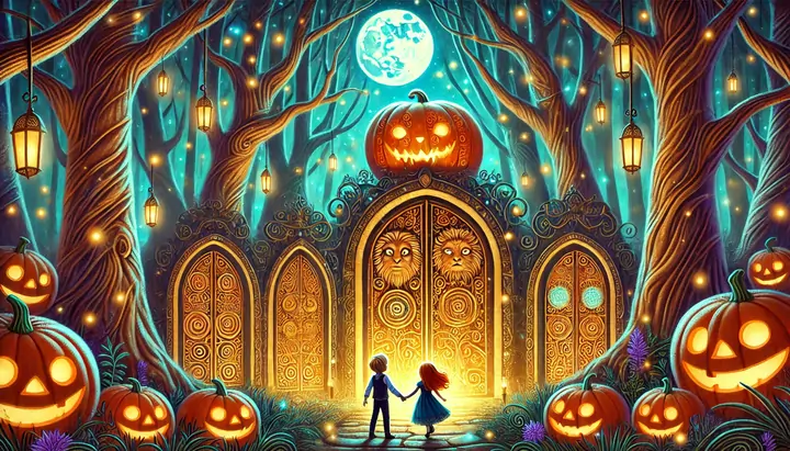 A glowing pumpkin with three carved doors