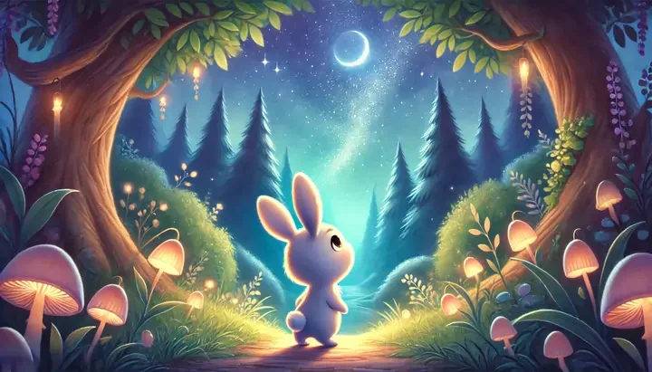 Pippin the hare follows Luna the fairy through the misty, moonlit forest