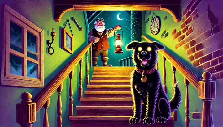 A big dark dog with glowing eyes in Mr. Green's cellar