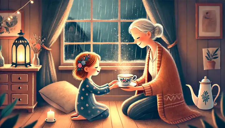 A little girl shares a cup of the magic tea with her mother in the kitchen