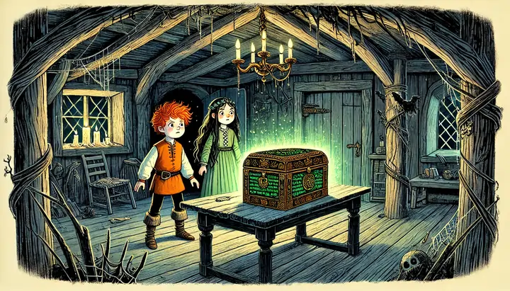 A small, glowing black box sits on an old wooden table inside the cabin
