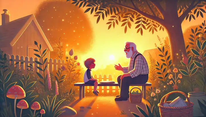 Emil listens to his grandfather's stories in the garden