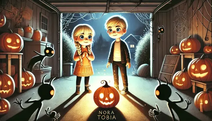 Shadows circling the garage as the pumpkin lantern glows