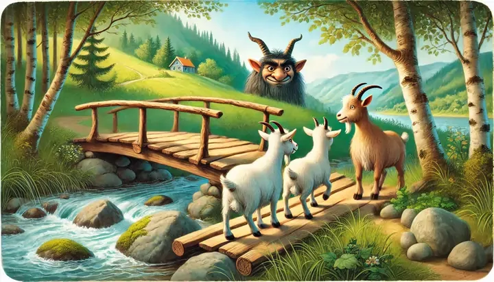 The three goats approach the bridge, ready for their great adventure!