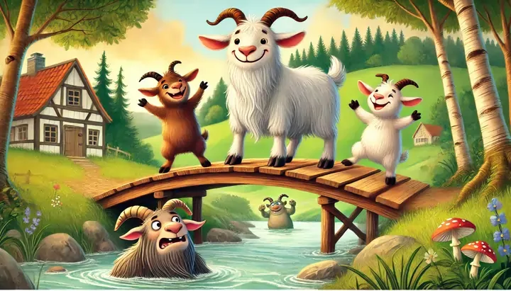 The big goat sends the troll into the river – a victory for the three goats!