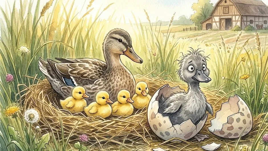 The gray duckling hatches from his egg, looking different from his siblings