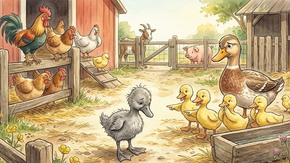 The other farm animals laugh and stare at the gray duckling