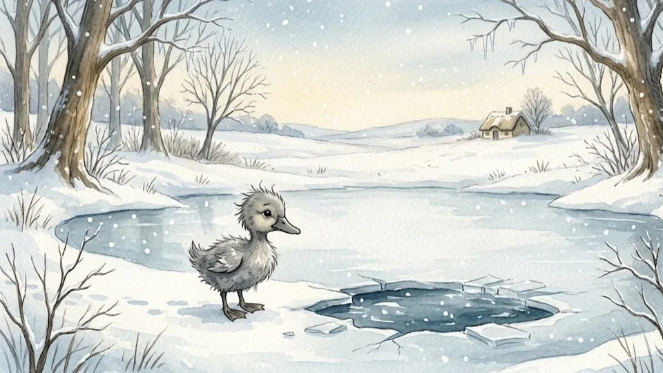 The exhausted duckling hides in the snow through the winter