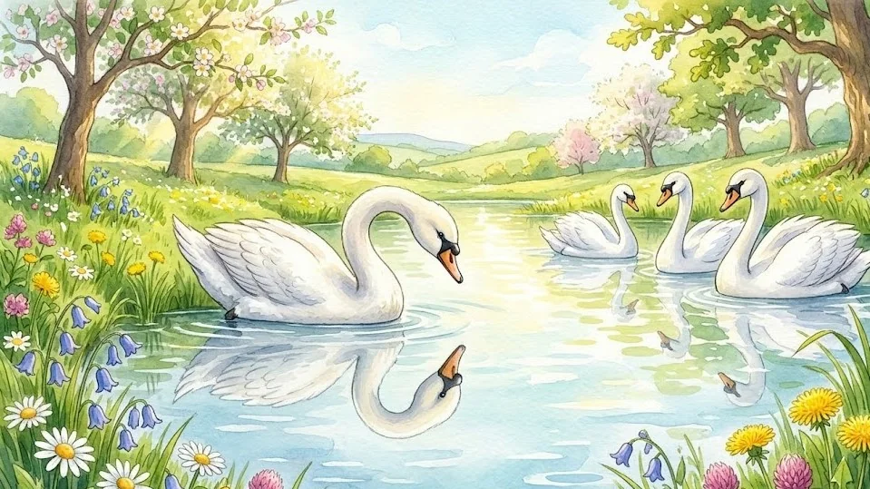 The duckling sees his true reflection — a graceful white swan