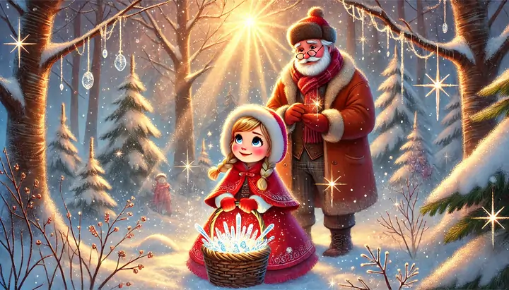 Anna finds grandpa in the snowy forest, holding a basket of glittering ice crystals